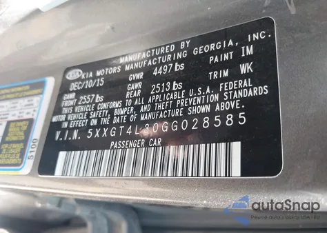 2016 Kia Optima Lx из США, поврежденный, VIN 5XXGT4L30GG028585